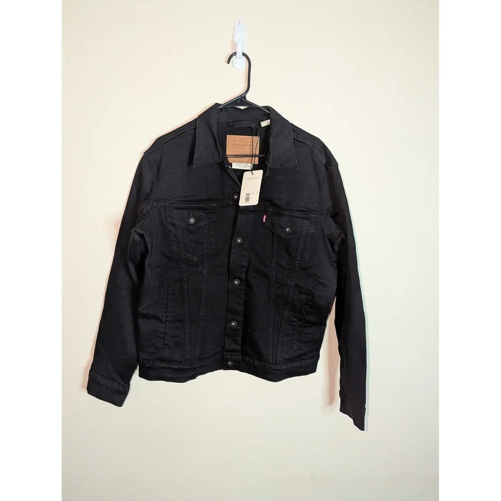 Levis Premium Trucker Jacket Mens Medium Black Denim Stretch Coat 723340403 NEW - Picture 3 of 12